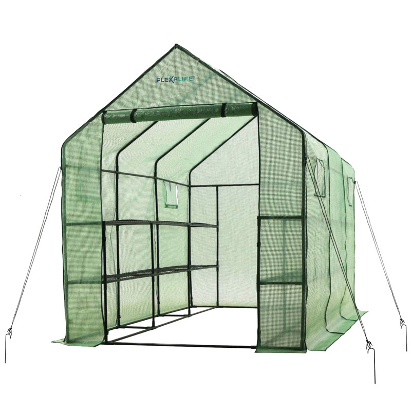 Plexalife Deluxe Walk-In Greenhouse with 2 Tiers and 12 Shelves - Green Cover