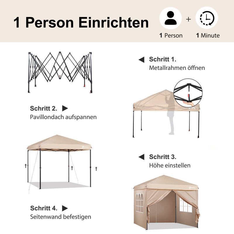 3 x 3m folding gazebo with 4 side panels, Khaki