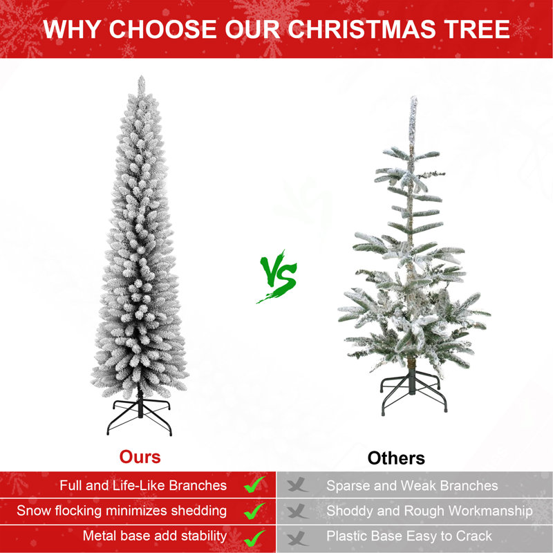 Arbre de Noël enneigé 6 pi - Arbre en PVC mince avec 358 pointes enneigées, conception peu encombrante, effet de neige réaliste, support en métal robuste, installation facile