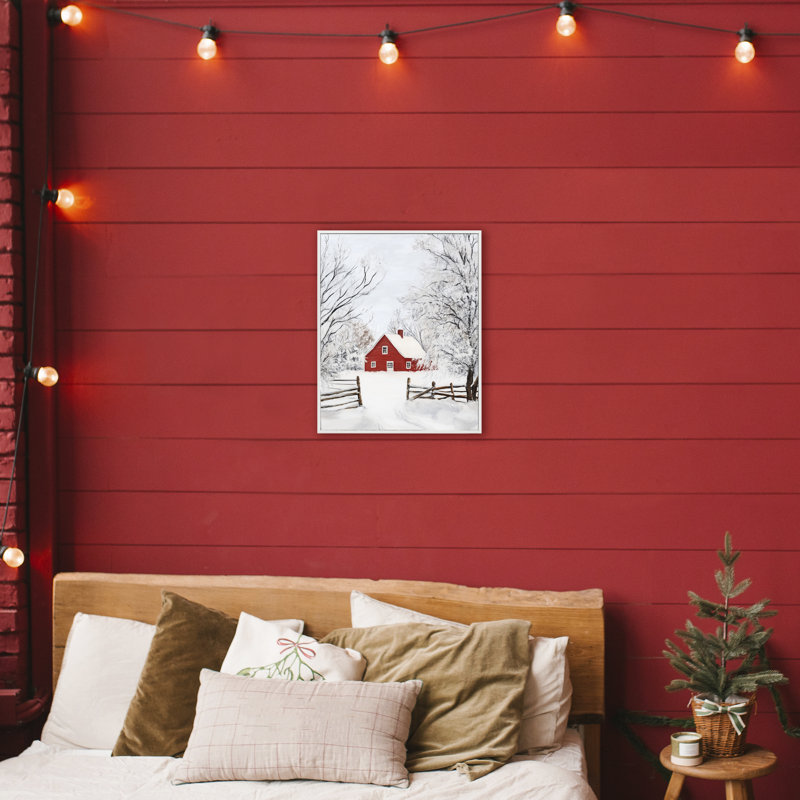 «Red Farmhouse in Snow», estampe numérique, design par Arlington Prints, H 20 po x l 16 po