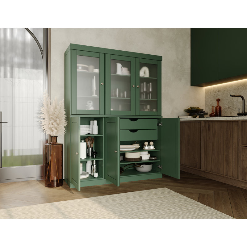 Vaisselier 100% bois massif 48,5 po avec verre givré, portes solides, 2 tiroirs et tablettes réglables, Vert