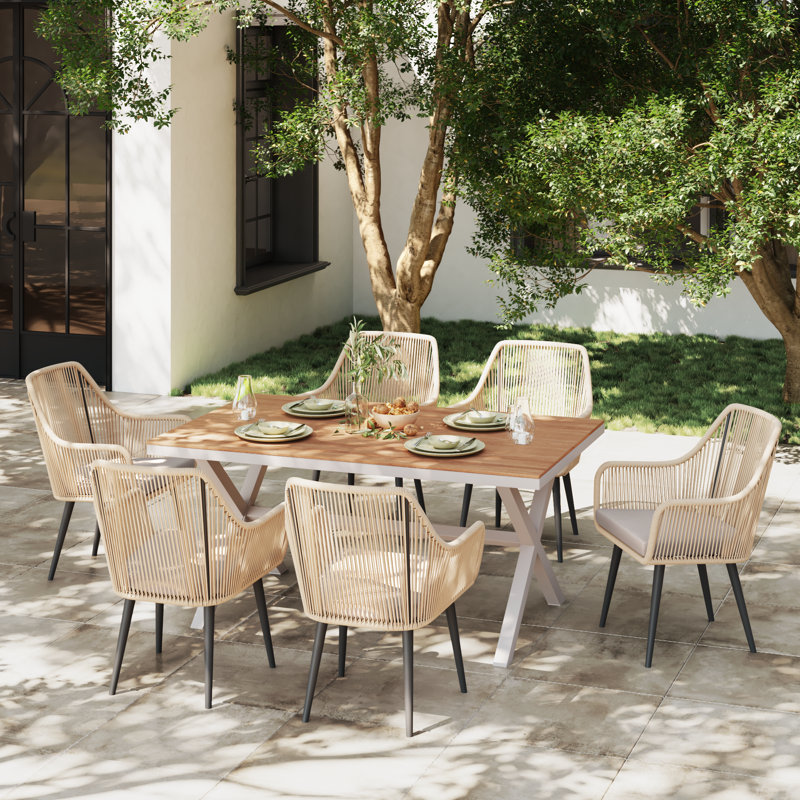 Sikata 6-Person Rectangular Outdoor Dining Set With Cushions, Beige Frame/Light Gray Cushion