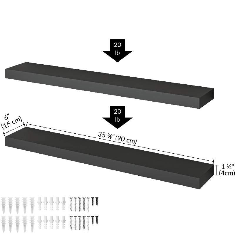 Sydney 36" W x 6" D Floating Shelves Set with Invisible Wall Mount Brackets, Black