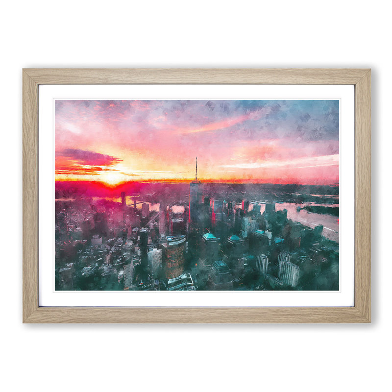 Sunset over New York City - Picture Frame Painting Print, 45cm H x 63cm W x 2cm D, Oak Framed