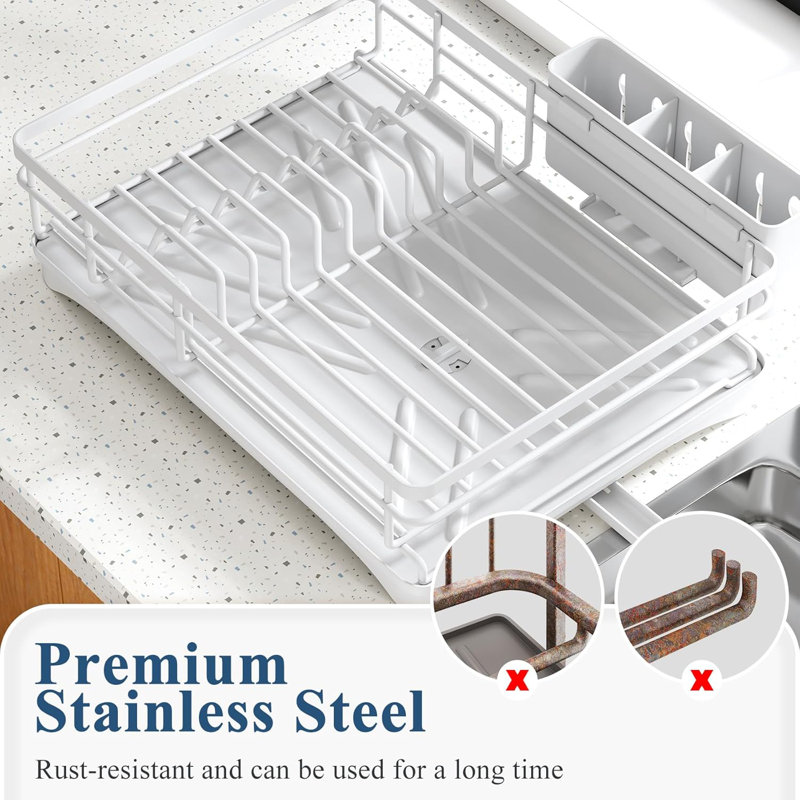 White Stainless Steel Countertop Dish Rack with Utensil Holder