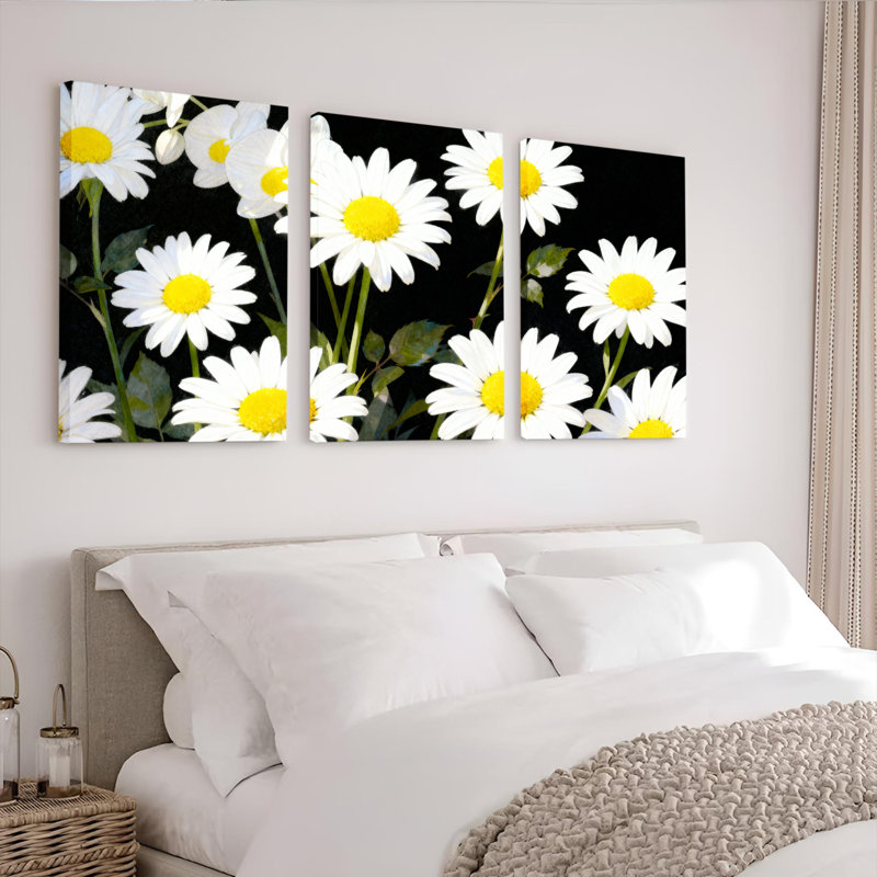Tableau sur toile tendue avec motif de marguerites sur fond noir (paquet de 3), H 18 po x l 36 po