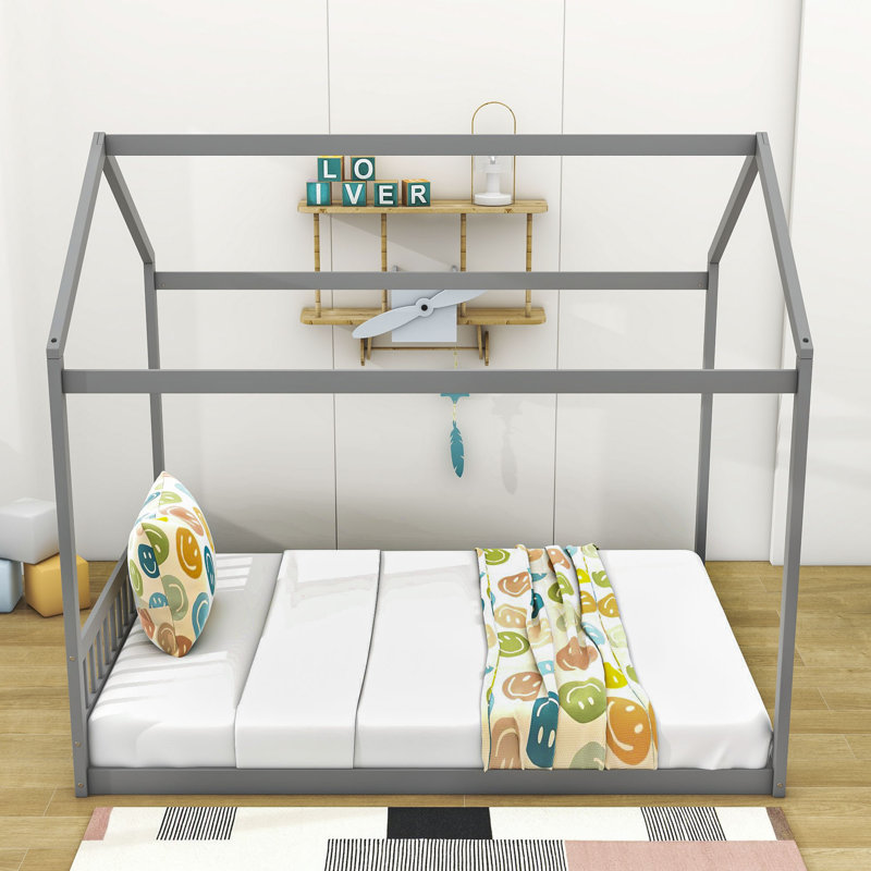 Grand lit plateforme en bois avec tête de lit Aamaya, gris