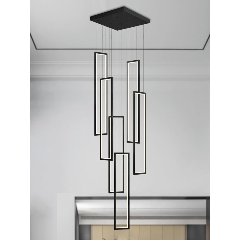 Mayada 6 Rings Rectangle Chandelier Modern 130INCHES Long Staircase Chandeliers Black Dimmable 3000-6000K
