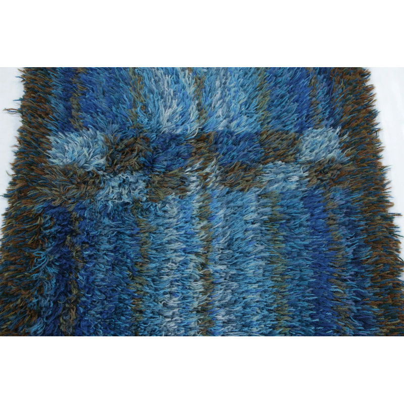 Vintage Swedish Rya Runner With Blue And Gray Geometric Pattern -  Rug & Kilim