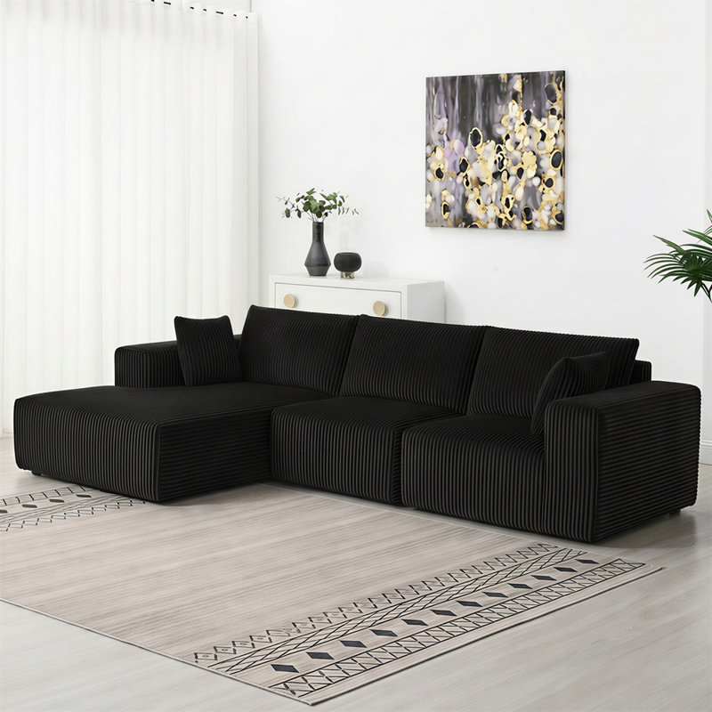 Canapé modulaire en L avec chaise Bon Bon, Velours côtelé noir