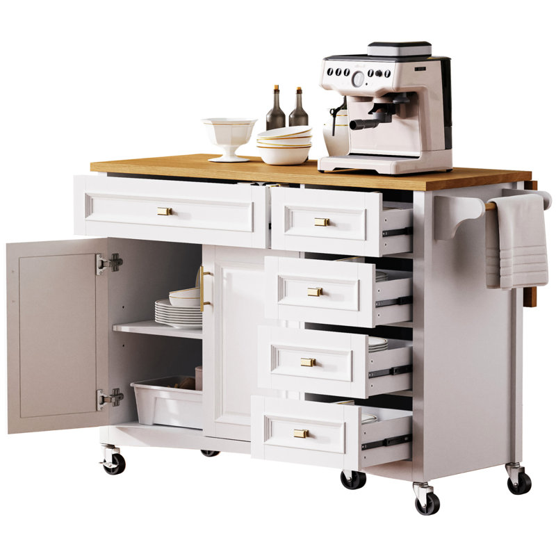 52'' Kitchen Island With Drop Leaf And Wheels. White, Design, Spice Rack, Towel 2 Doors, 5 Drawers, Adjustable Shelf For Modern Storage. White Finish, Texture, System