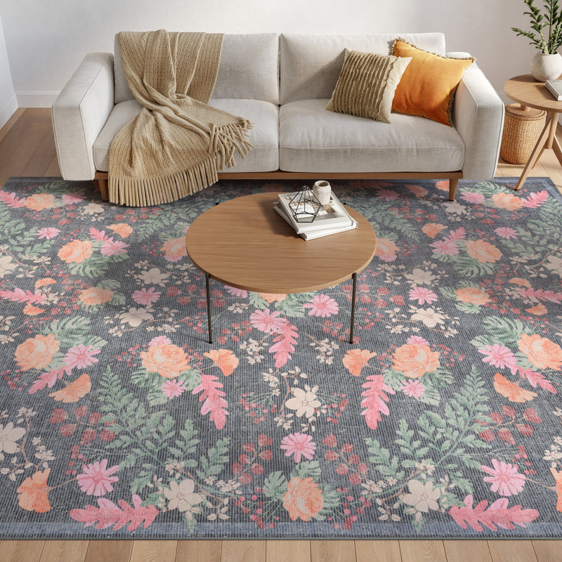 Tapis gris anthracite multicolore de 5 pi x 7 pi Nourison Botanical Washables, Rectangle 5 pi x 7 pi