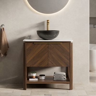 30" Freestanding Vanity with Sink, Diagonal Doors, Black Stone Pattern Basin and Carrara Top, Dark Walnut