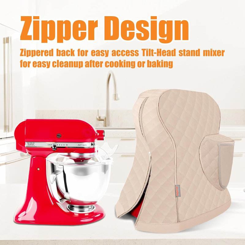 Housse pour robot pâtissier KitchenAid à tête inclinable de 3,5 à 5 litres, imperméable et matelassée, avec poche de rangement.