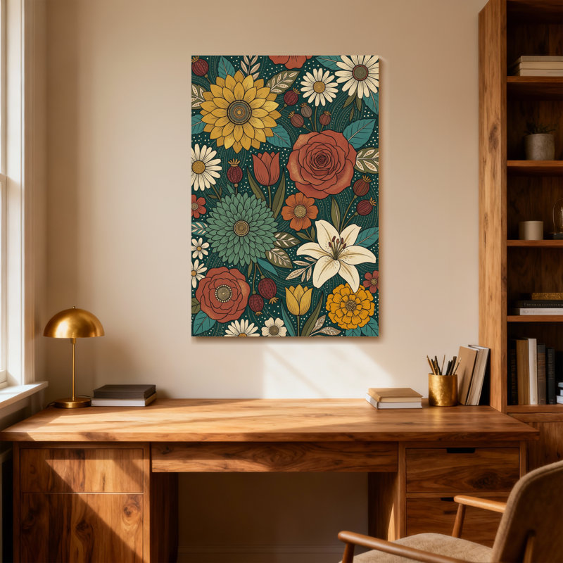 Motif floral de plantes et de fleurs aux couleurs vives et aux fleurs variées, H 20 po x l 30 po