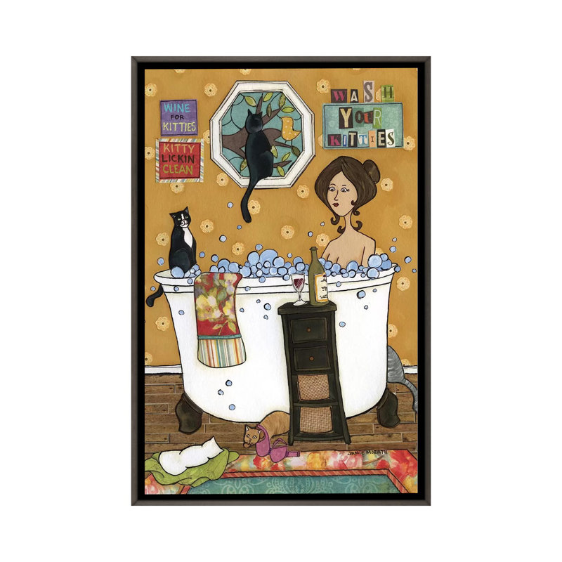 " Wash Your Kitties " by Jamie Morath, 48" H x 32" W x 1.5" D, Dark Rustic Wood Framed, No Mat