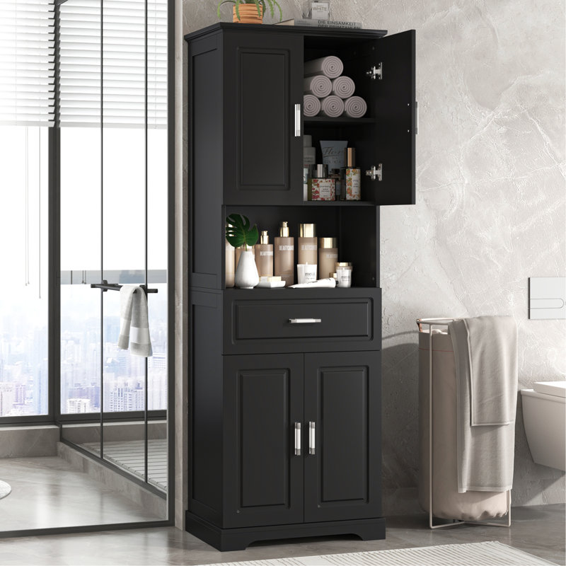 Grande armoire de salle de bain avec quatre portes, grand espace de rangement ouvert, armoire de rangement supérieure