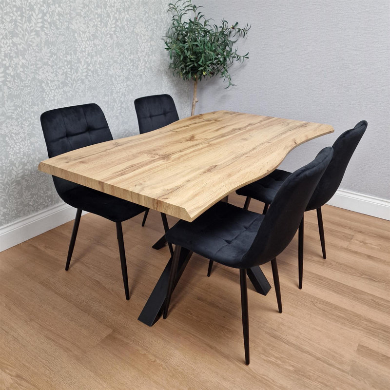 Wooden Brown Dining Table with 4 Grey Velvet Chairs, Stylish Dining Room Furniture, Black