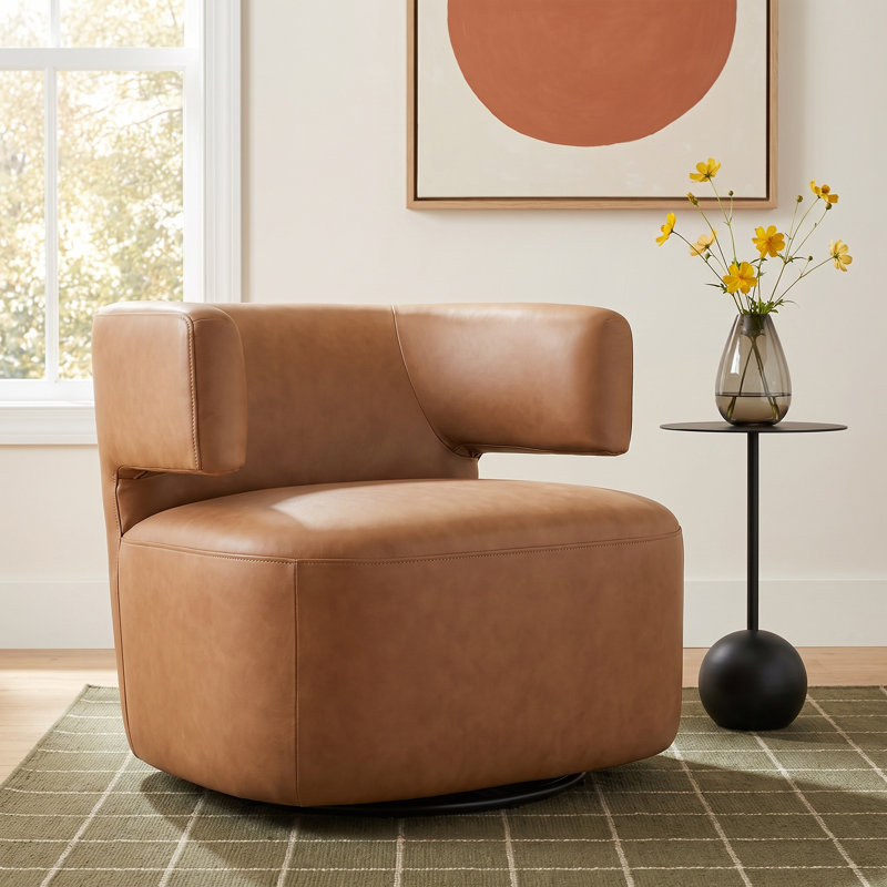 Bascom Genuine Leather Upholstered Swivel Barrel Chair, Aline Butternut