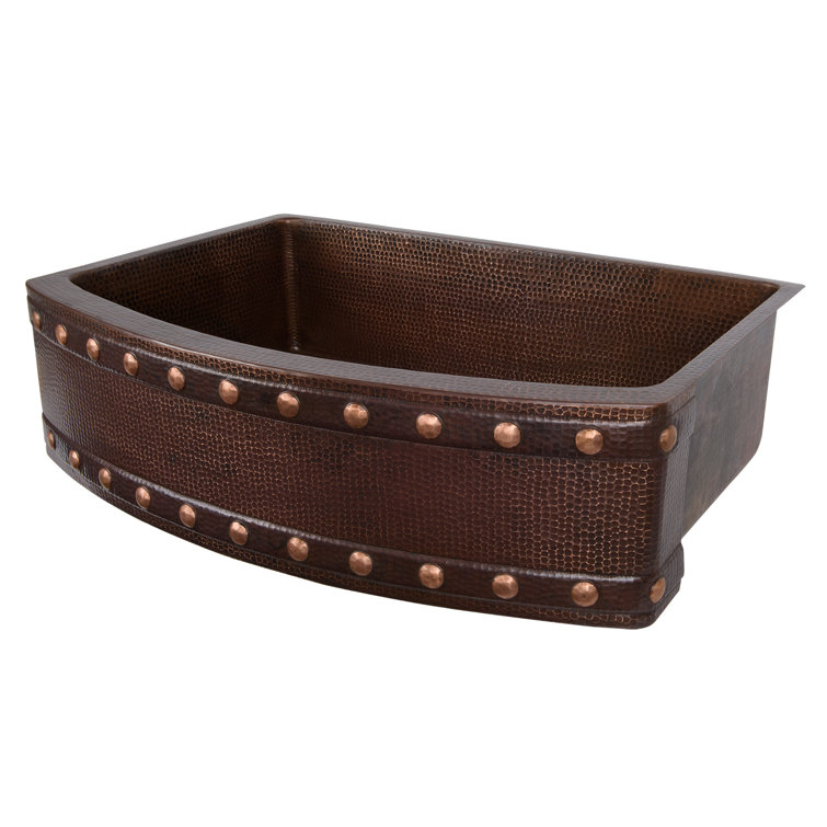 33" Hammered Copper Rounded Apron Front Single Basin Kitchen Sink with Barrel Strap Design