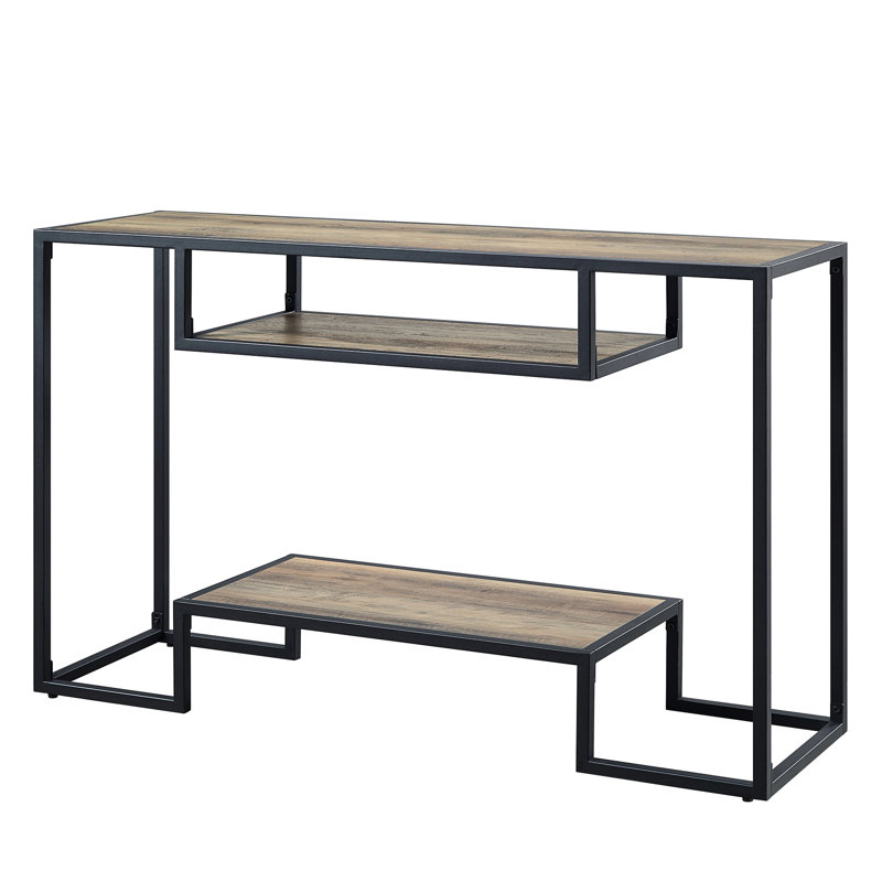 Table avec structure en métal et finition en chêne rustique et noir, 2 tablettes de rangement à finition