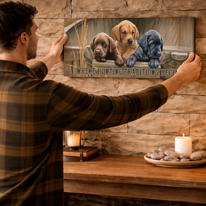 Tous à bord, panneau de 30 x 76 cm, « Là où se déroulent les traditions de chasse »