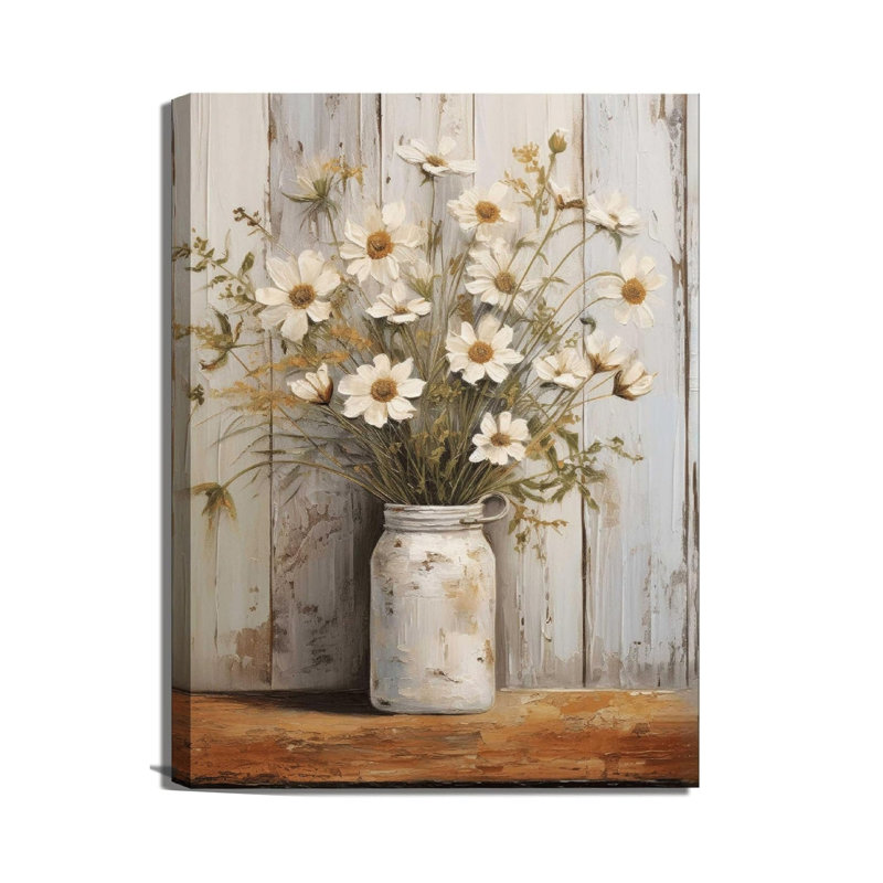 White Jar Daisy Vintage Canvas Wall Decor for Farmhouse Kitchen Dining Room 16 × 24 inch (40 × 60 cm)