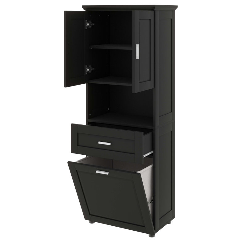 Tall Bathroom Cabinet With Tilt-Out Laundry Hamper Basket And Upper Storage,Storage Cabinet With Two Doors,Adjustable Shelf And Drawer