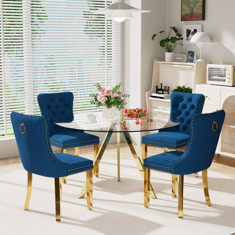 5-Piece Pedestal Gold Dining Set, 30" H x 47" W x 47" D, Blue
