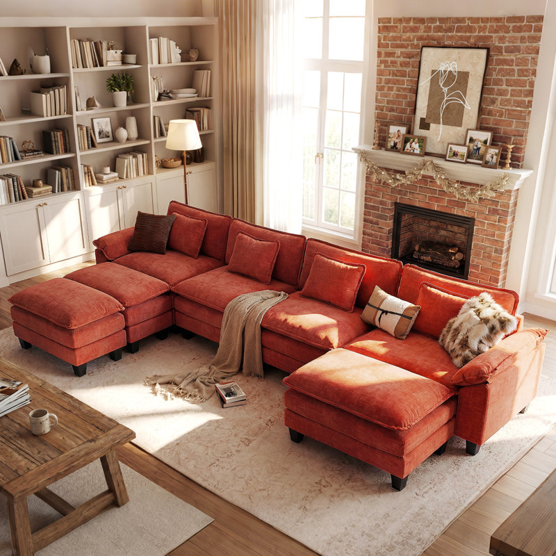 154" W U-Shaped Modular Sectional Sofa, Cloud Couch With Three Ottomans & Removable Cushions, Orange Cotton/Chenille