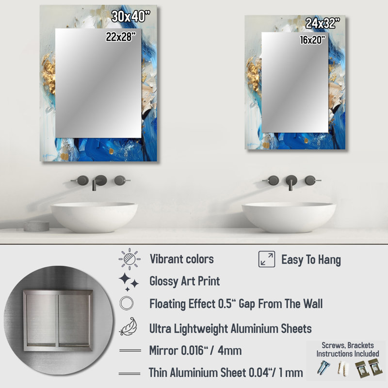 Indigo Awakening Abstract In Blue And Gold II - Abstract Painting Unique Mirror, Modern Large Wall Mirror, Printed Metal Art