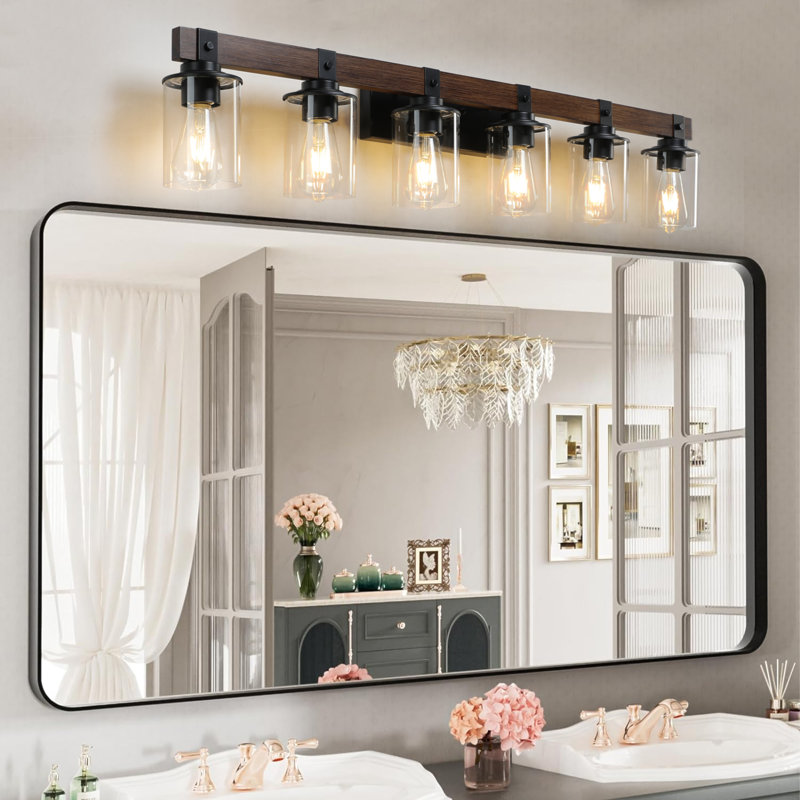Applique murale de salle de bain 42 po à 6 lumières de style industriel 42 po avec abat-jour en verre et décor en bois rustique 42 po