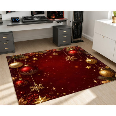 Tapis de Noël lavable à la machine avec envers antidérapant, tapis rouge et noir avec motif de boules dorées et de flocons de neige, décoration intérieure confortable pour le salon, la chambre à coucher, la salle à manger, la cuisine, le couloir et l’appartement