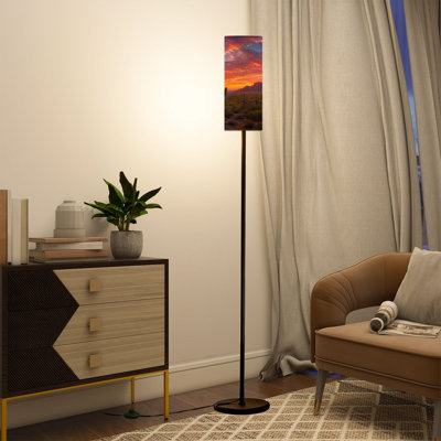  68.5" Standing Floor Lamp Saguaro Cactus Desert Sunset Landscape Dramatic Orange Purple Dimmable Metal Pole Lamp with Linen Lampshade LED Bulb Included