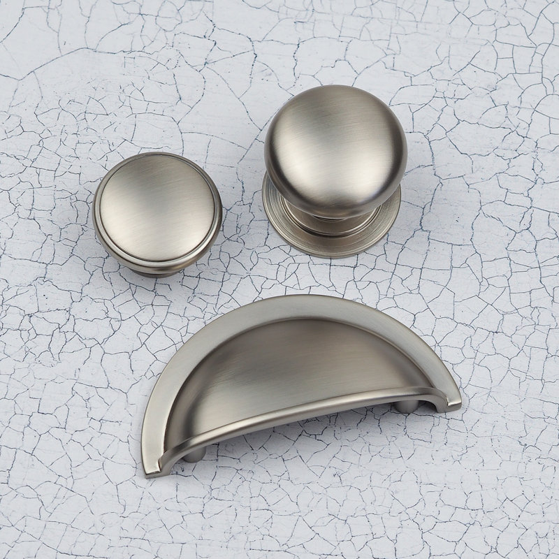 Brushed Nickel Cup Handle & Coordinating Round Knobs, 38mm  Knob