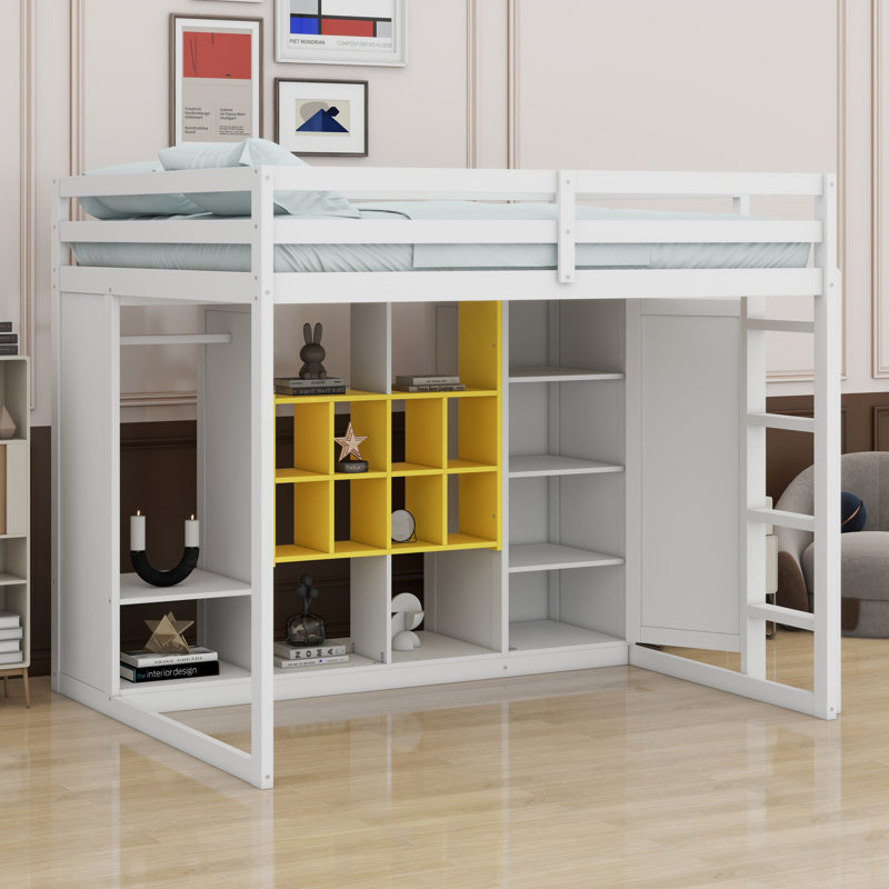Lit mezzanine en bois avec garde-robe, tablettes et armoire, Blanc / jaune, Double