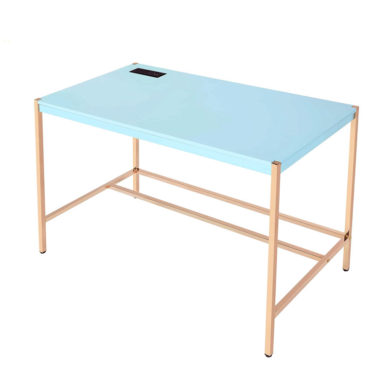 Bureau d'écriture rectangulaire avec port USB, bleu bébé et or, Bleu pastel
