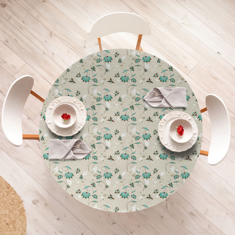 East Urban Home Floral Fitted Round Tablecloth Diameter Turquoise Brown Beige, 67.72" Round