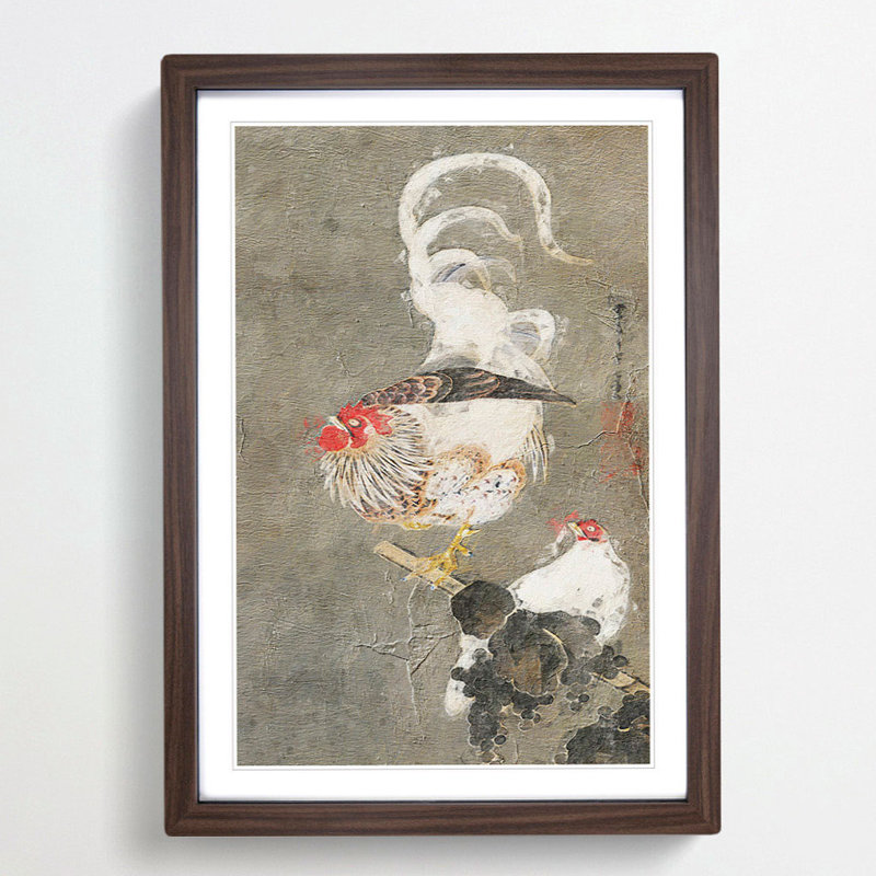 Hen & Rooster by Ito Jakuchu - Picture Frame Painting Print, 36cm H x 27cm W x 2cm D, Walnut Framed