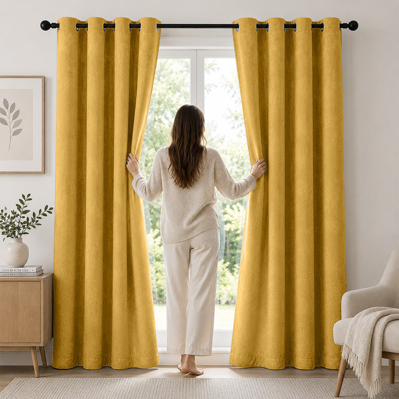 Thermal Velvet Curtains with Eyelet Ring Top - Crushed Velvet Drapes Pair, 168cm Width x 183cm Drop, Ochre