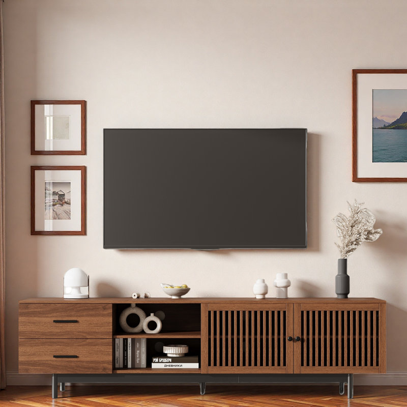 Meuble télé moderne avec 2 tiroirs profonds, armoire de rangement avec portes à lattes chics et gestion des câbles