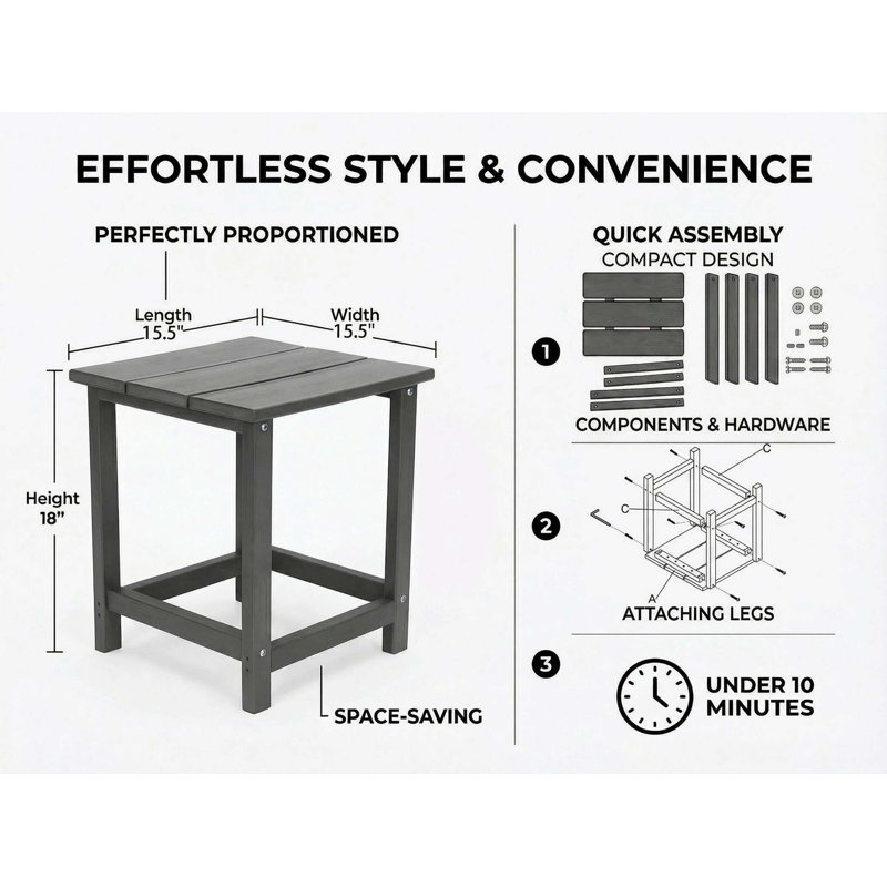 Table d'appoint carrée d'extérieur Adirondack, table de bout de patio en PEHD pour jardin et véranda