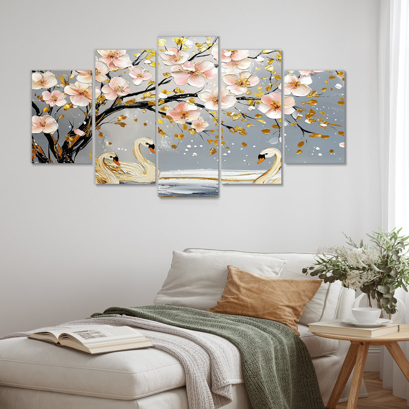 Cygnes roses et dorées «Love Under Cherry Blossom III» - ensemble d'art mural sur toile Cherry Blossom