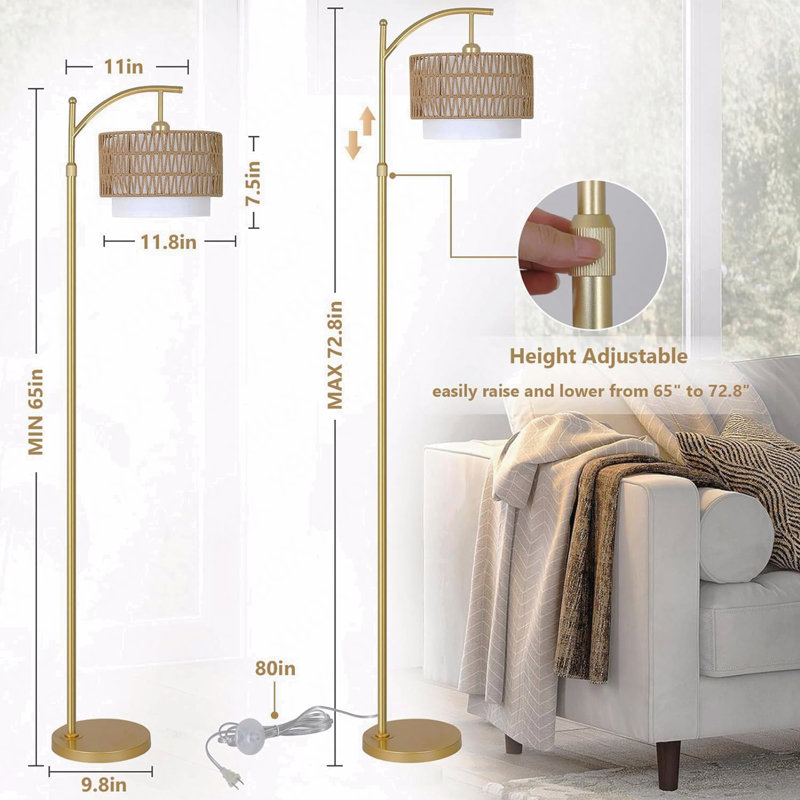 Gold Floor Lamps For Living Room With Remote & Dimmable Led Bulb, Modern Arc Floor Lamp With 3 Color Temperatures, Standing Lamp With Rattan & Fabric Shades, Adjustable Tall Lamp For Bedroom