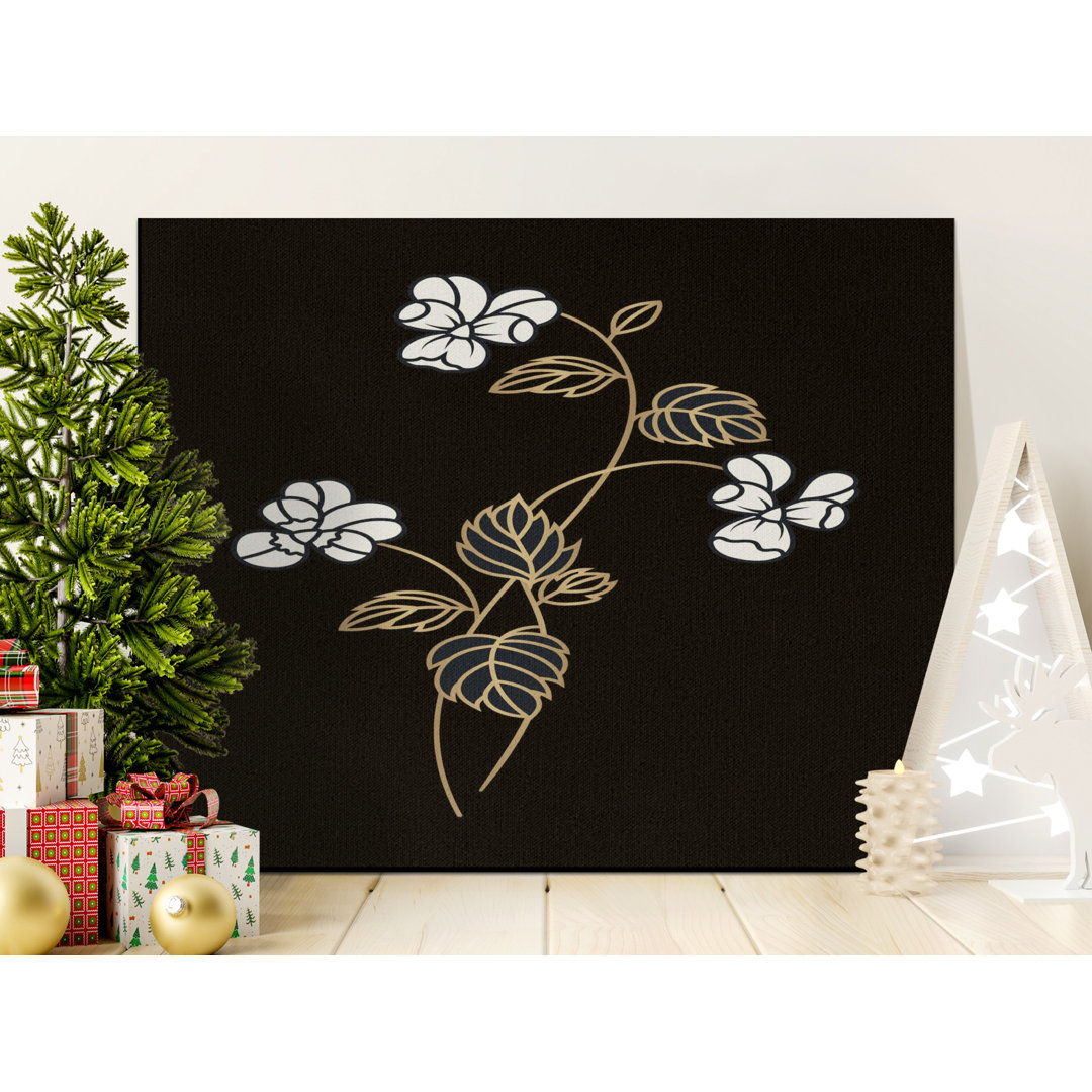 Faux Gold Botanical Canvas Wall Art, Elegant Floral Print on Black, Modern Luxury Home Decor Piece, Housewarming Gift