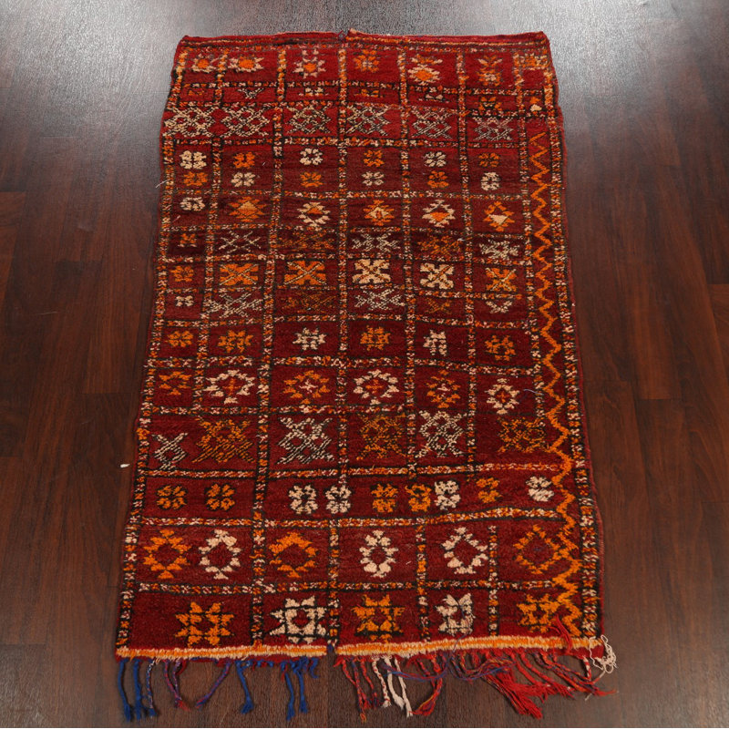 Tapis rouge noué à la main de conception unique 3 pi 7 po x 6 pi
