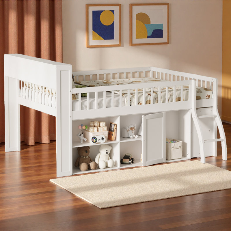 Space-saving Loft Bed With Storage Shelves, Headboard With Led Light, White, Queen