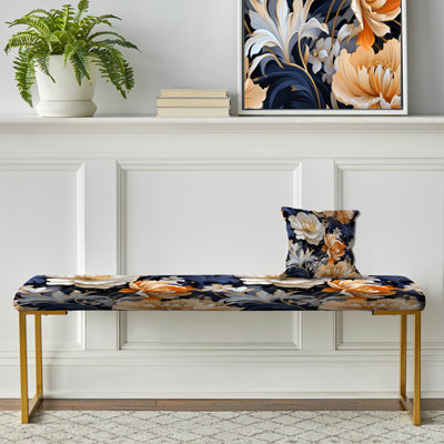 Beige Ethereal Elegance Floral Blooms - Floral Upholstered Gold Bench