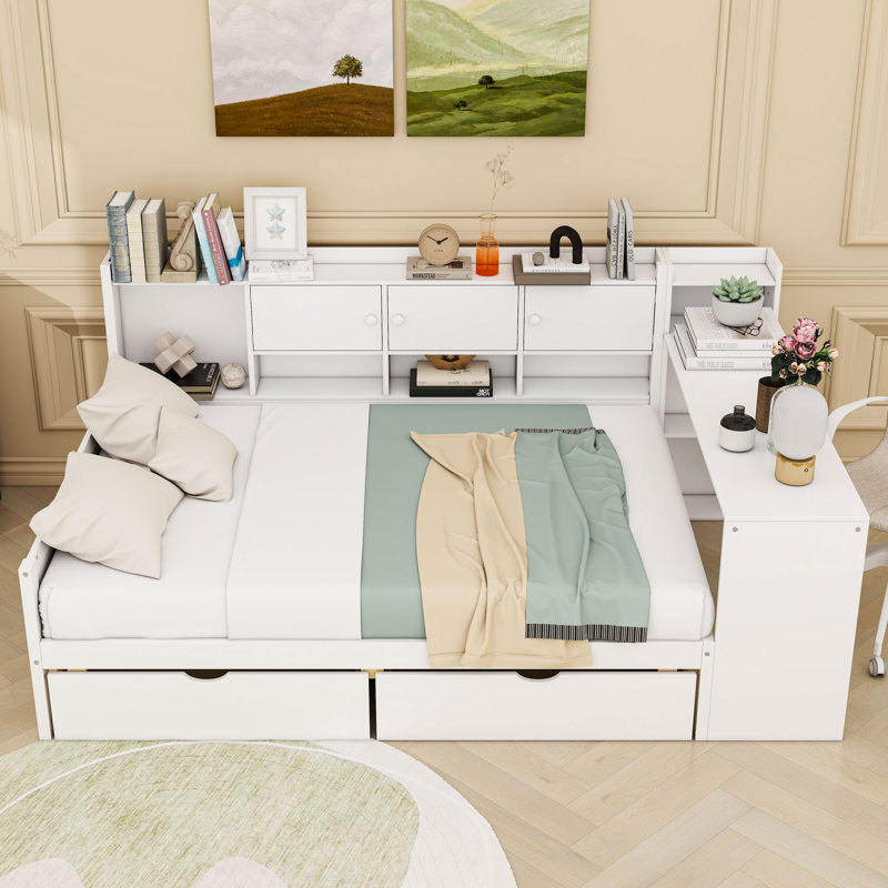 L-Shape Daybed with Ample Storage and Study Desk, White, Full