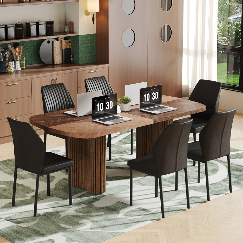 Grande table de salle à manger de style campagnard à double piédestal robuste, 7 pièces : table, 6 chaises, Noir